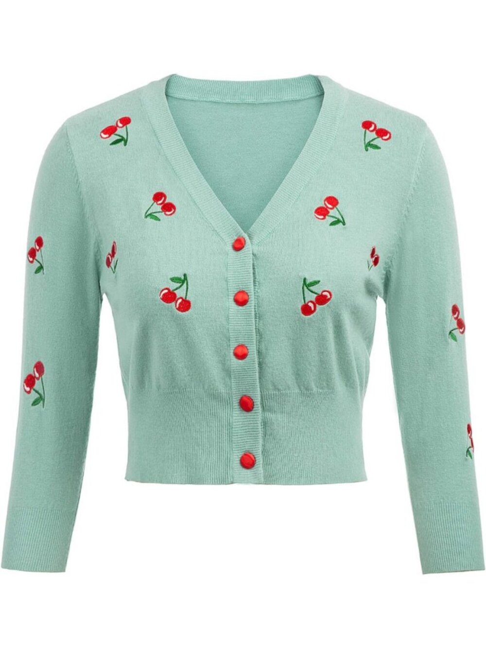 Chic 3/4 Sleeve V-Neck Button Down Cropped Cardigan with Cherry Embroidery